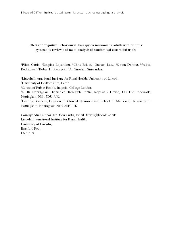 Effects of Cognitive Behavioural Therapy on insomnia in adults with tinnitus: Systematic review and meta-analysis of randomised controlled trials Thumbnail