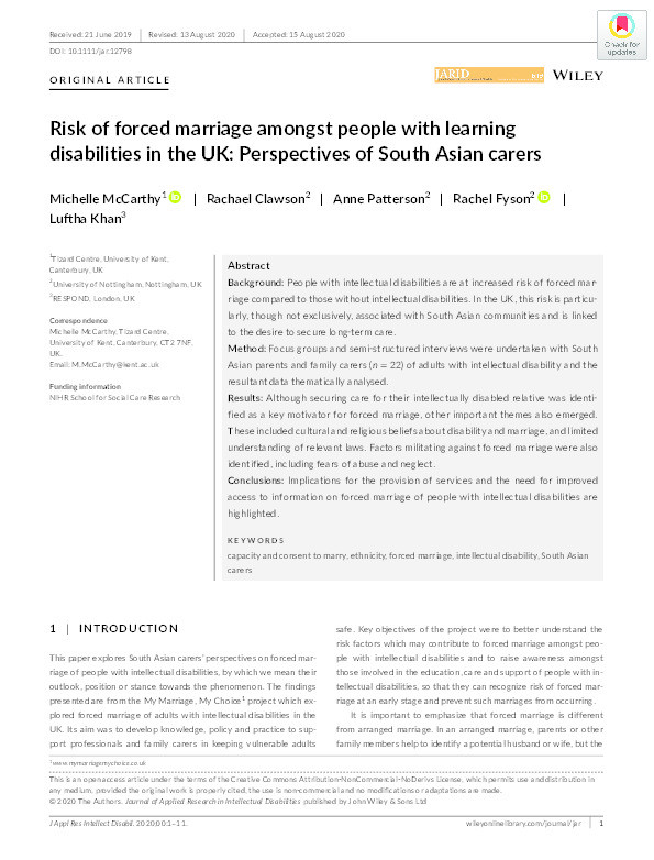 Risk of forced marriage amongst people with learning disabilities in the UK: Perspectives of South Asian carers Thumbnail