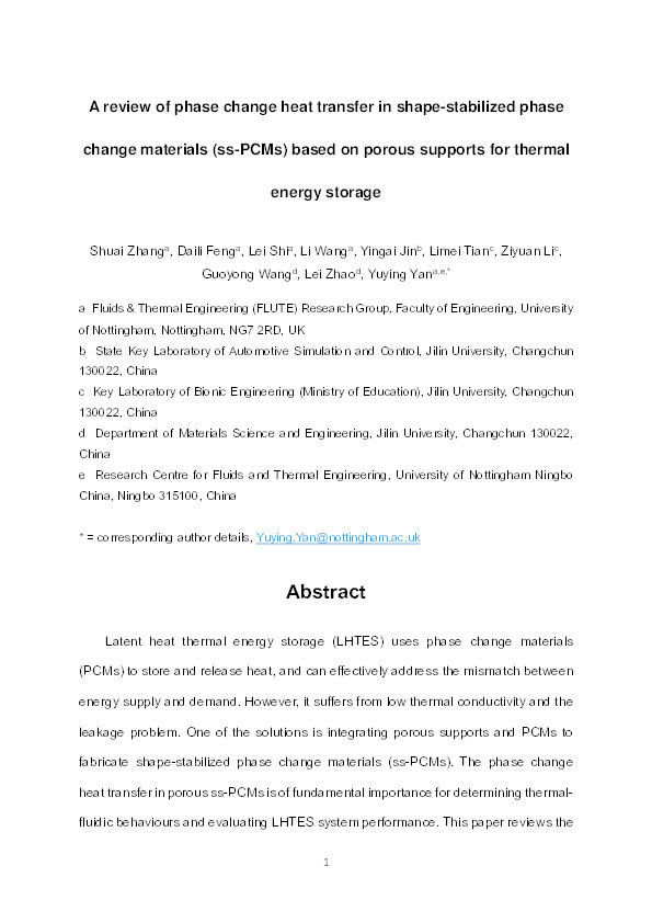 A review of phase change heat transfer in shape-stabilized phase change materials (ss-PCMs) based on porous supports for thermal energy storage Thumbnail