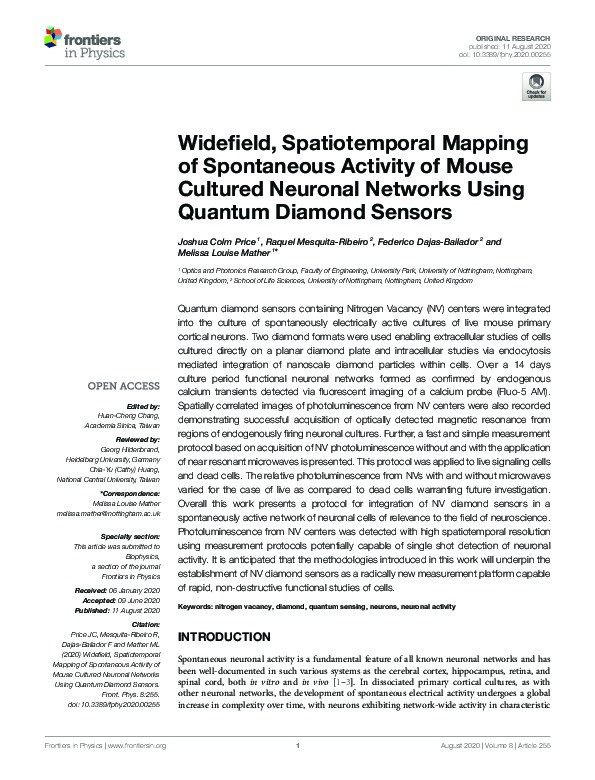 Widefield, Spatiotemporal Mapping of Spontaneous Activity of Mouse Cultured Neuronal Networks Using Quantum Diamond Sensors Thumbnail