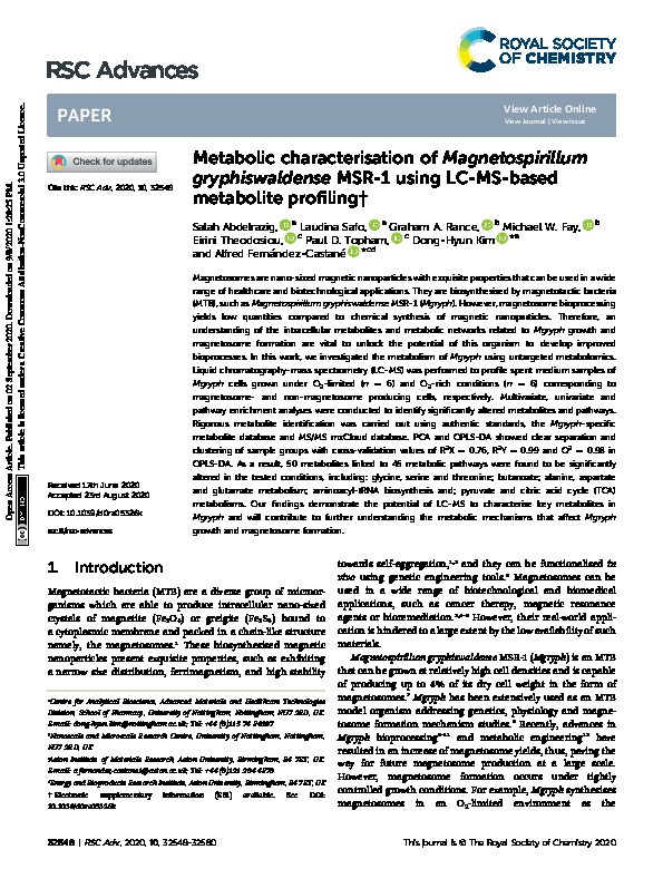 Metabolic characterisation of Magnetospirillum gryphiswaldense MSR-1 using LC-MS-based metabolite profiling Thumbnail