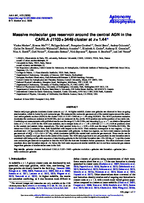 Massive molecular gas reservoir around the central AGN in the CARLA J1103 + 3449 cluster at z = 1.44 Thumbnail