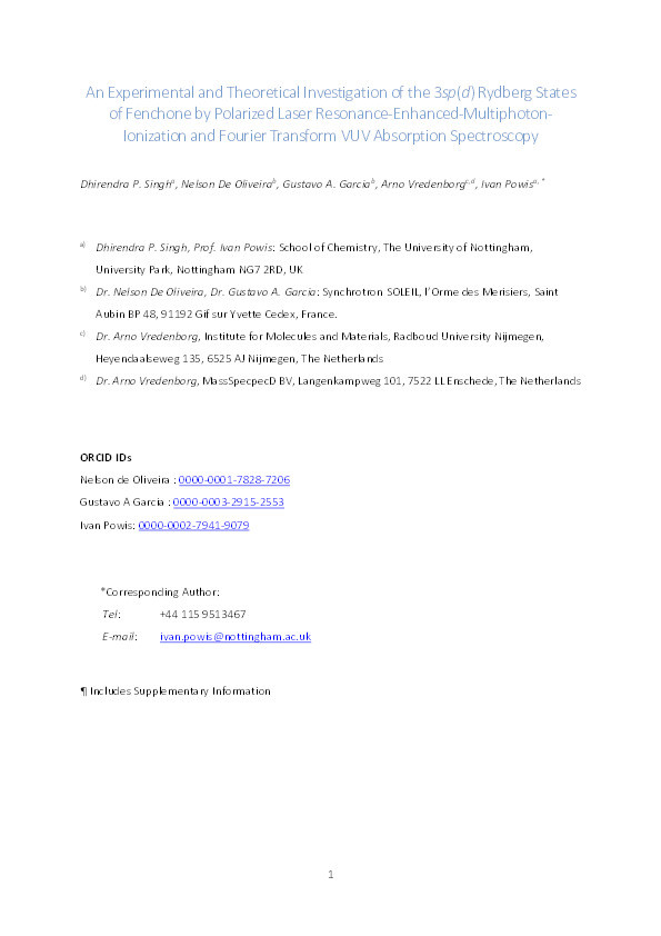 An Experimental and Theoretical Investigation of the 3sp(d) Rydberg States of Fenchone by Polarized laser Resonance-Enhanced-Multiphoton-ionization and Fourier Transform VUV Absorption Spectroscopy Thumbnail