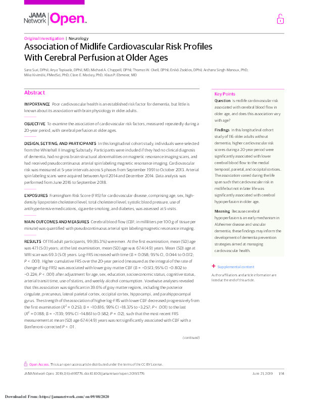 Association of Midlife Cardiovascular Risk Profiles with Cerebral Perfusion at Older Ages Thumbnail