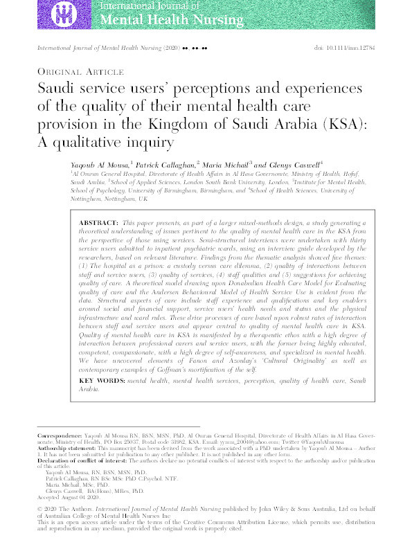 Saudi service users’ perceptions and experiences of the quality of their mental health care provision in the Kingdom of Saudi Arabia (KSA): A qualitative inquiry Thumbnail