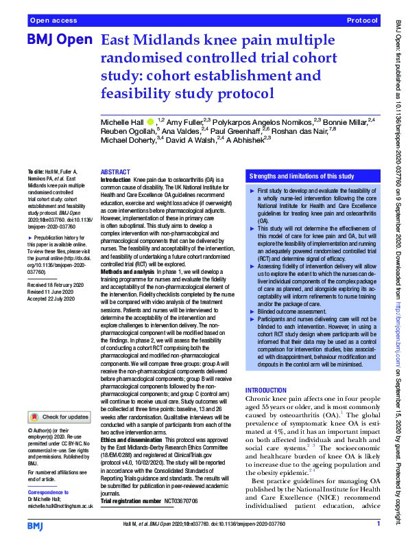 The East Midlands Knee Pain Multiple Randomised Controlled Trial Cohort Study: Cohort Establishment and Feasibility study protocol Thumbnail