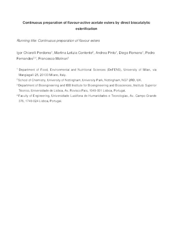 Continuous preparation of flavour‐active acetate esters by direct biocatalytic esterification Thumbnail