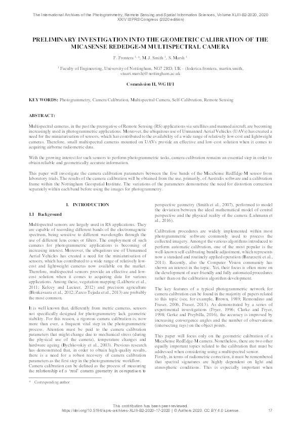 Preliminary investigation into the geometric calibration of the Micasense RedEdge-M multispectral camera Thumbnail