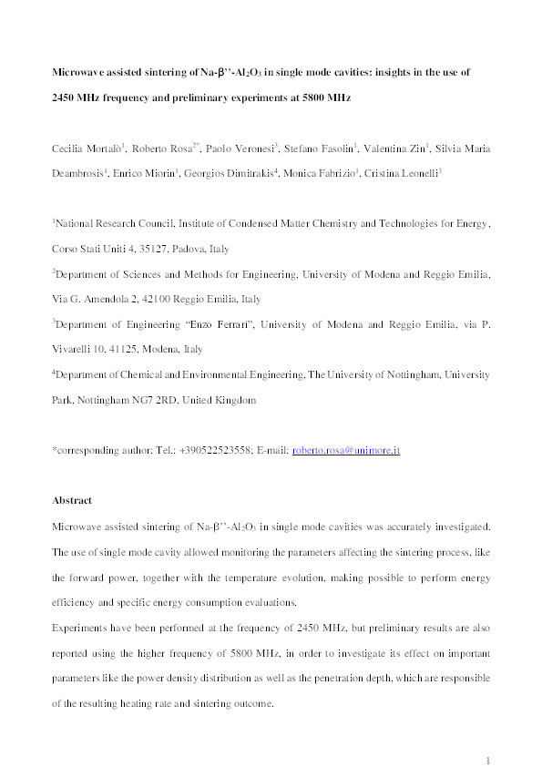 Microwave assisted sintering of Na-β’’-Al2O3 in single mode cavities: Insights in the use of 2450 MHz frequency and preliminary experiments at 5800 MHz Thumbnail