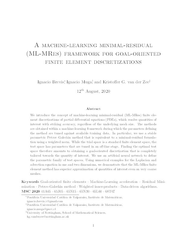 A machine-learning minimal-residual (ML-MRes) framework for goal-oriented finite element discretizations Thumbnail