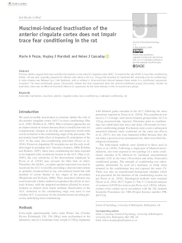 Muscimol-induced inactivation of the anterior cingulate cortex does not impair trace fear conditioning in the rat Thumbnail