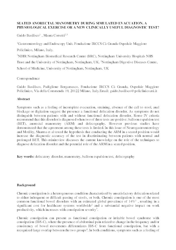 Seated anorectal manometry during simulated evacuation. A  physiological exercise or a new clinically useful diagnostic test? Thumbnail