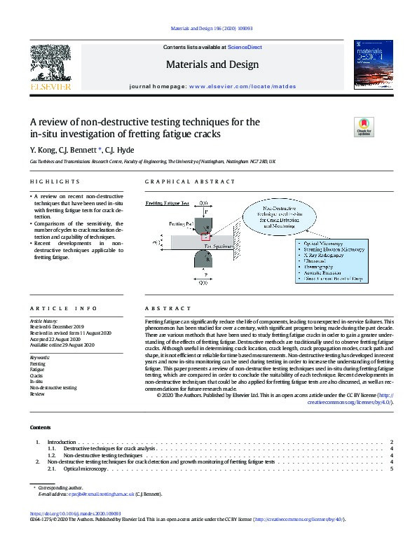 A review of non-destructive testing techniques for the in-situ investigation of fretting fatigue cracks Thumbnail
