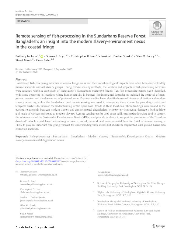 Remote sensing of fish-processing in the Sundarbans Reserve Forest, Bangladesh: an insight into the modern slavery-environment nexus in the coastal fringe Thumbnail
