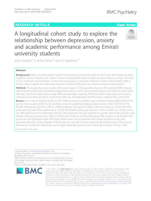 A Longitudinal Cohort Study to Explore the Relationship Between Depression,  Anxiety and Academic Performance Among Emirati University Students Thumbnail