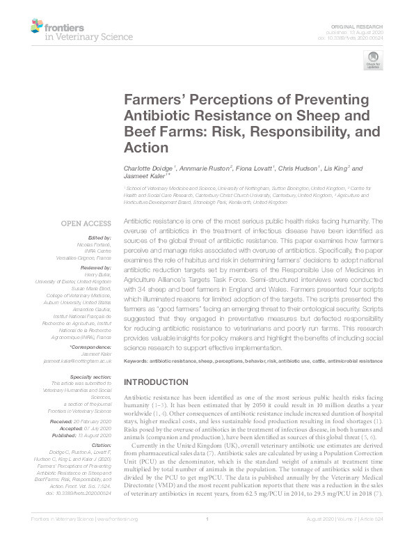 Farmers' Perceptions of Preventing Antibiotic Resistance on Sheep and Beef Farms: Risk, Responsibility, and Action Thumbnail