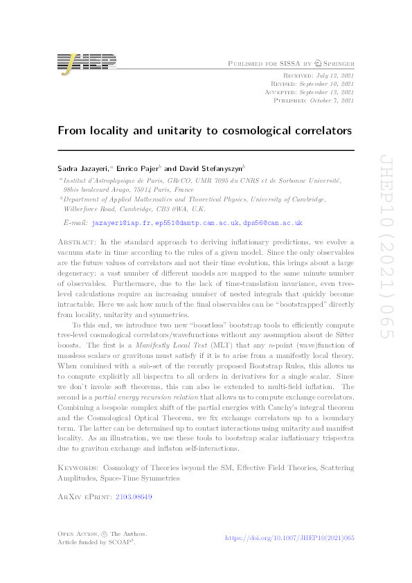 From locality and unitarity to cosmological correlators Thumbnail