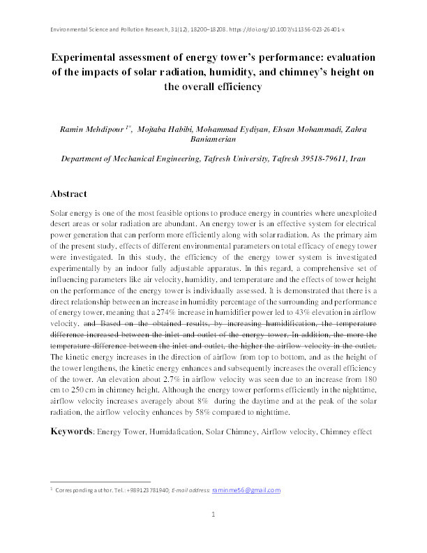 Experimental assessment of energy tower’s performance: evaluation of the impacts of solar radiation, humidity, and chimney’s height on the overall efficiency Thumbnail