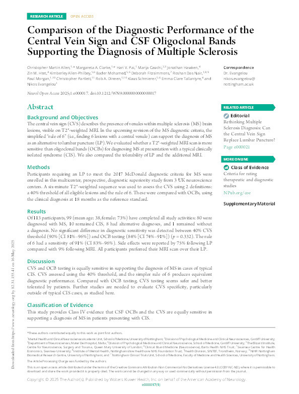 Comparison of the Diagnostic Performance of the Central Vein Sign and CSF Oligoclonal Bands Supporting the Diagnosis of Multiple Sclerosis Thumbnail