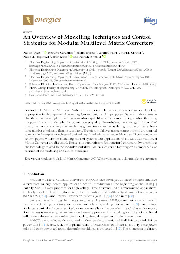 An Overview of Modelling Techniques and Control Strategies for Modular Multilevel Matrix Converters Thumbnail