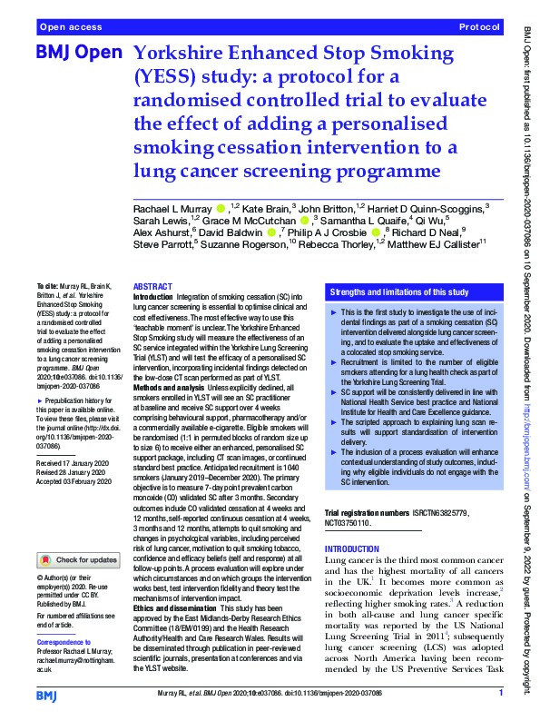 Yorkshire Enhanced Stop Smoking (YESS) study: a protocol for a randomised controlled trial to evaluate the effect of adding a personalised smoking cessation intervention to a lung cancer screening programme Thumbnail