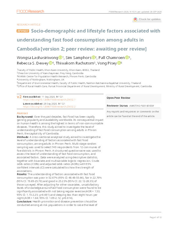 Socio-demographic and lifestyle factors associated with understanding fast food consumption among adults in Cambodia Thumbnail