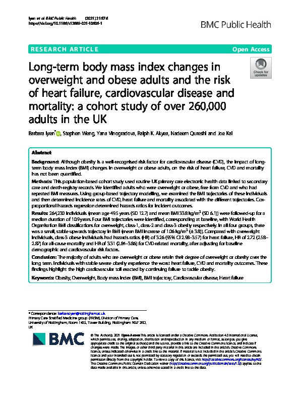 Long-term body mass index changes in overweight and obese adults and the risk of heart failure, cardiovascular disease and mortality: a cohort study of over 260,000 adults in the UK Thumbnail