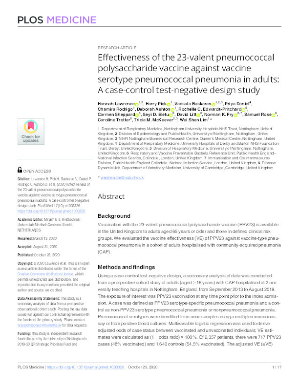 Effectiveness of the 23-valent pneumococcal polysaccharide vaccine against vaccine serotype pneumococcal pneumonia in adults: a case-control test-negative design study Thumbnail