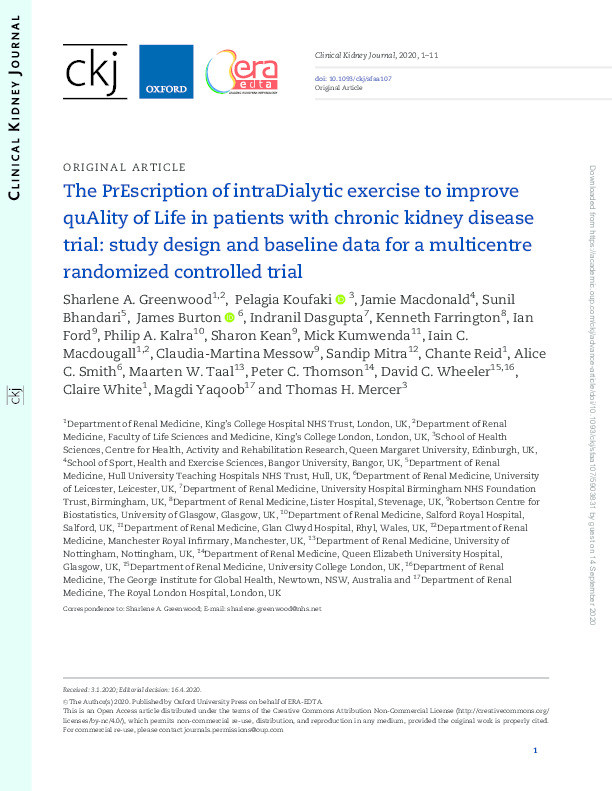The PrEscription of intraDialytic exercise to improve quAlity of Life in patients with chronic kidney disease trial: study design and baseline data for a multicentre randomized controlled trial Thumbnail
