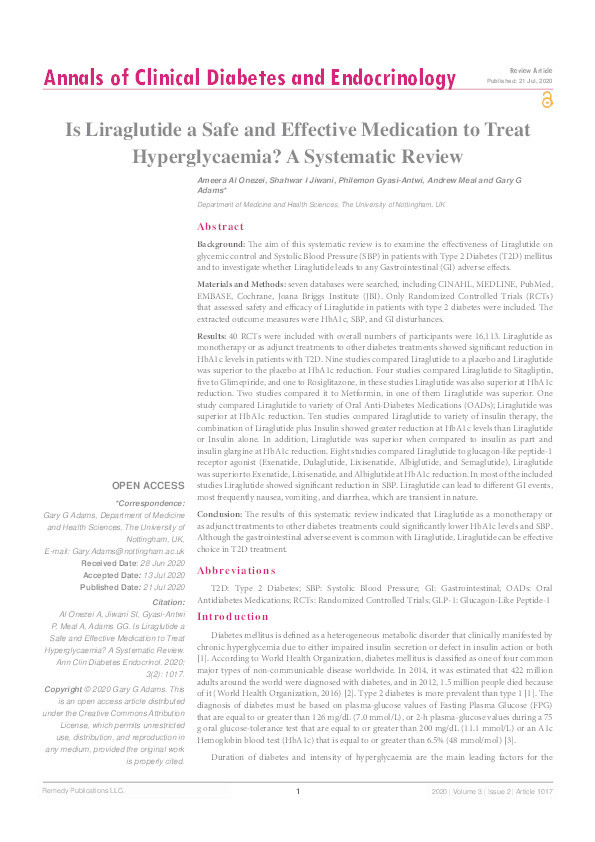 Is Liraglutide a Safe and Effective Medication to Treat Hyperglycaemia?: A Systematic Review Thumbnail