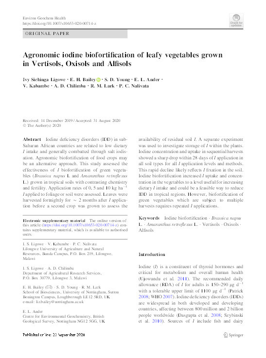Agronomic iodine biofortification of leafy vegetables grown in Vertisols, Oxisols and Alfisols Thumbnail