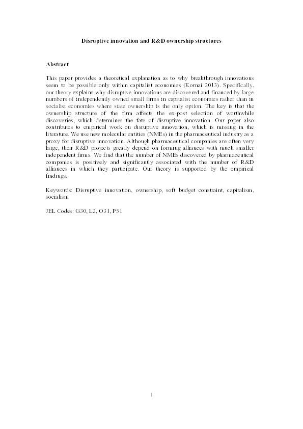 Disruptive innovation and R&D ownership structures of the firm Thumbnail