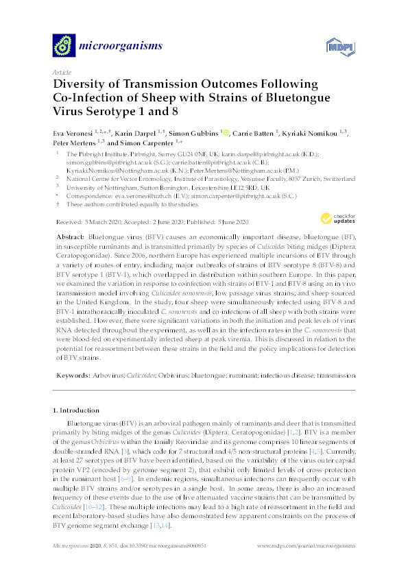 Diversity of Transmission Outcomes Following Co-Infection of Sheep with Strains of Bluetongue Virus Serotype 1 and 8 Thumbnail