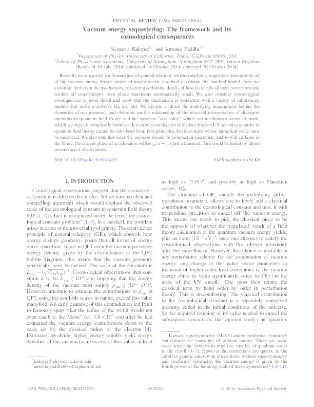 Vacuum energy sequestering: The framework and its cosmological consequences Thumbnail