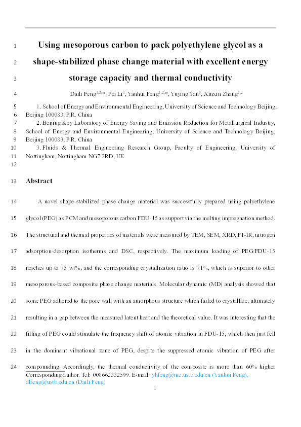 Using mesoporous carbon to pack polyethylene glycol as a shape-stabilized phase change material with excellent energy storage capacity and thermal conductivity Thumbnail