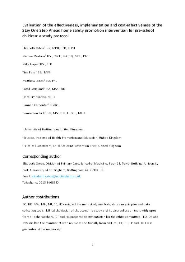 Evaluation of the effectiveness, implementation and cost-effectiveness of the Stay One Step Ahead home safety promotion intervention for pre-school children: a study protocol Thumbnail