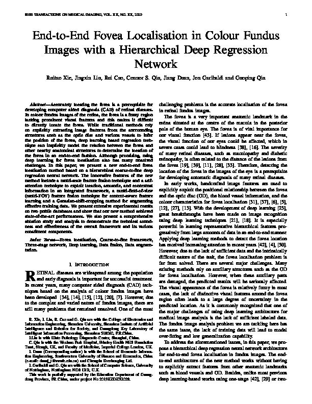 End-to-End Fovea Localisation in Colour Fundus Images with a Hierarchical Deep Regression Network Thumbnail
