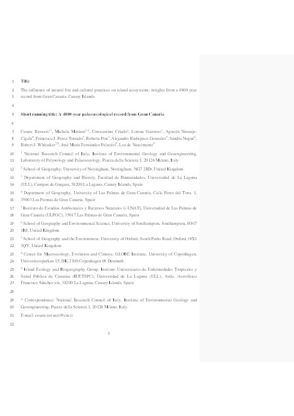 The influence of natural fire and cultural practices on island ecosystems: Insights from a 4,800year record from Gran Canaria, Canary Islands Thumbnail