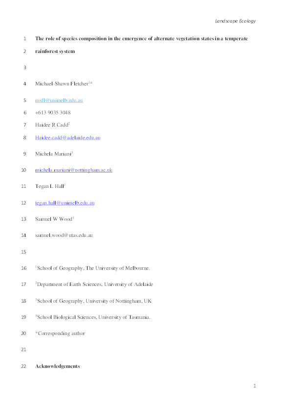 The role of species composition in the emergence of alternate vegetation states in a temperate rainforest system Thumbnail