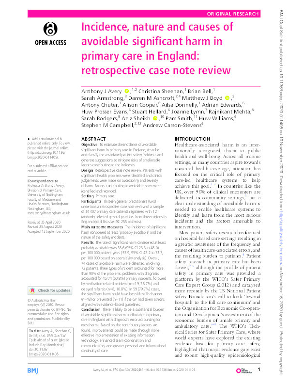 Incidence, nature and causes of avoidable significant harm in primary care in England: retrospective case note review Thumbnail