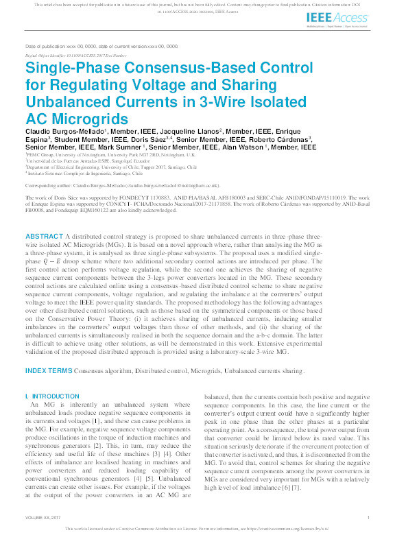 Single-phase consensus-based control for regulating voltage and sharing unbalanced currents in 3-wire isolated AC microgrids Thumbnail