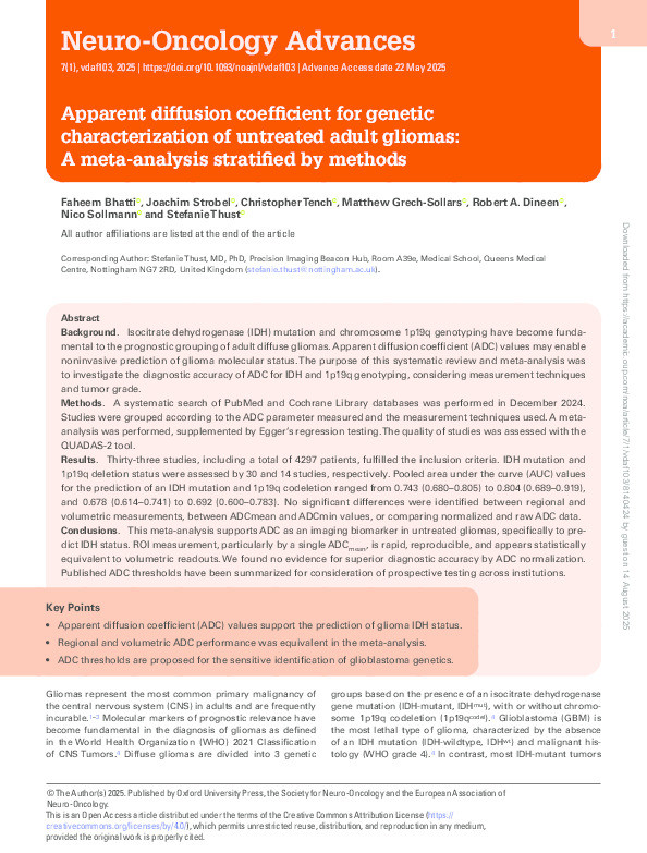 Apparent diffusion coefficient for genetic characterisation of untreated adult gliomas: a meta-analysis stratified by methods Thumbnail