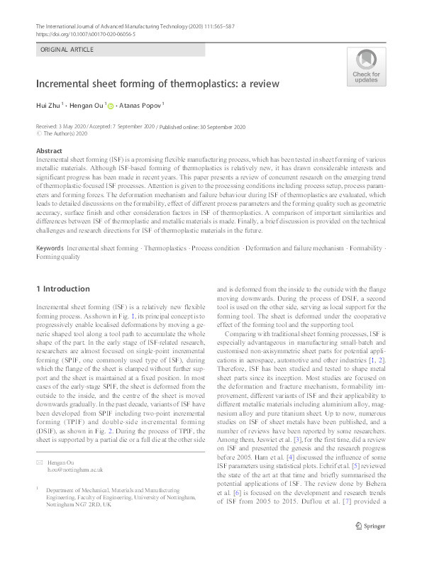 Incremental sheet forming of thermoplastics: a review Thumbnail