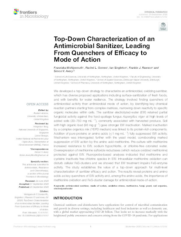 Top-Down Characterization of an Antimicrobial Sanitizer, Leading From Quenchers of Efficacy to Mode of Action Thumbnail