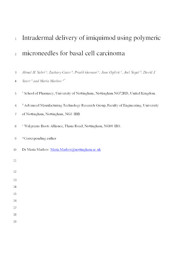 Intradermal delivery of imiquimod using polymeric microneedles for basal cell carcinoma Thumbnail