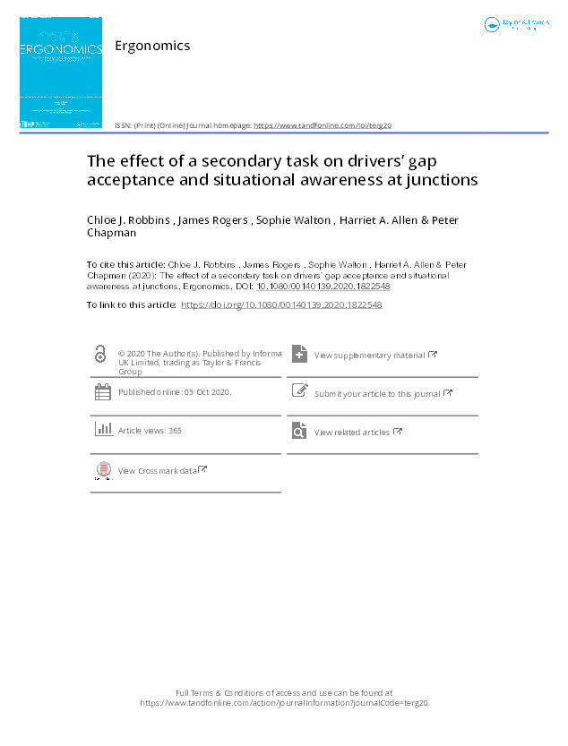 The Effect of a Secondary Task on Drivers’ Gap Acceptance and Situational Awareness at Junctions Thumbnail