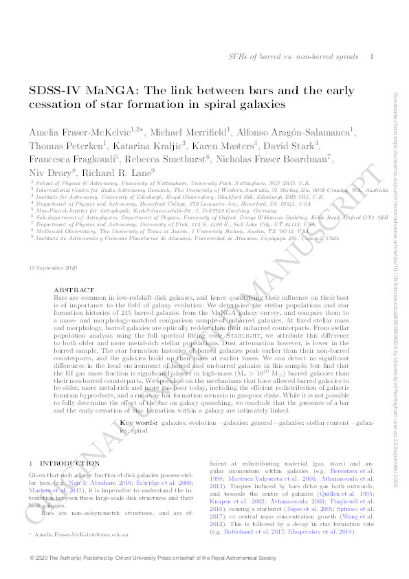 SDSS-IV MaNGA: The link between bars and the early cessation of star formation in spiral galaxies Thumbnail