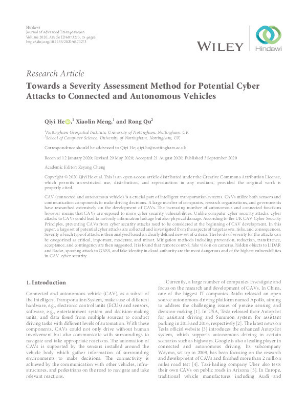 Towards a Severity Assessment Method for Potential Cyber Attacks to Connected and Autonomous Vehicles Thumbnail