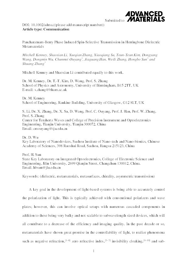 Pancharatnam-Berry Phase Induced Spin-Selective Transmission in Herringbone Dielectric Metamaterials Thumbnail