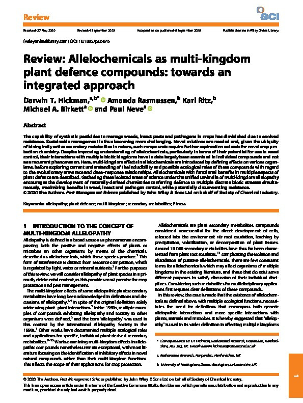 Review: Allelochemicals as multi-kingdom plant defence compounds: towards an integrated approach Thumbnail